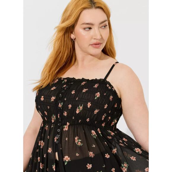 Torrid Tunic Top Womens 3X Sheer Chiffon Floral Smocked Strappy Whimsigoth New - Picture 2 of 13